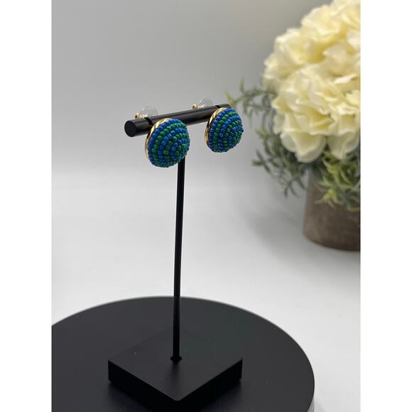 J. Crew Blue Green Seed Beaded Small Round Button Stud Earrings - Picture 3 of 8